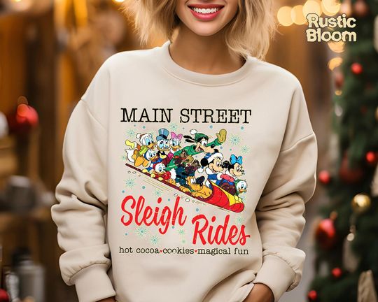 Discover Retro Mickey & Friends On Main Street Sweatshirt, Disney 2025 Xmas Tee, Vintage Disney Holiday Top, 2025 Family Matching Xmas Gift