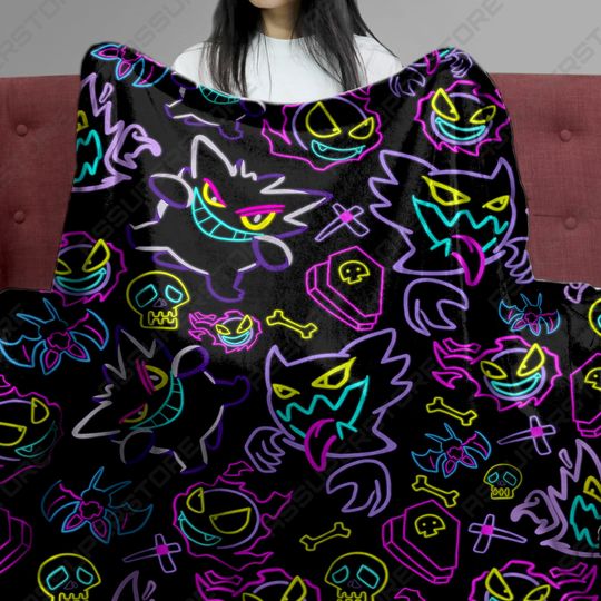 Gengar Fleece Blanket Neon Glow Spooky Pattern Cozy Cotton Throw Blanket Home Decor