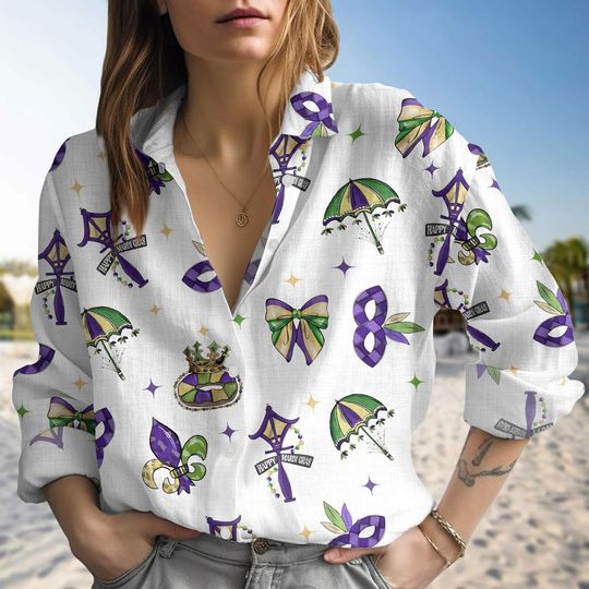 Discover Mardi Gras Linen-Look Shirt, Mardi Gras Party Women Blouses, Mardi Gras Coquette Shirt, Fat Tuesday Long Sleeve Shirt, Gift For Her