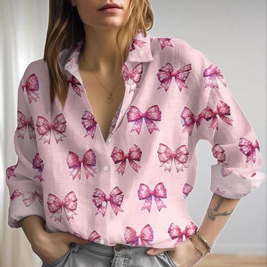 Discover Pink Bow Linen-Look Shirt, Coquette Women Blouses, Ballet Long Sleeve Shirt, Coquette Women Shirt, Girly Pink Ribbon Bow Tee