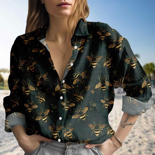 Discover Vintage Bee Botanical Blouse Shirt, Honeycomb Women Shirt, Honey Bees Casual Shirt, Bee Lovers Gift, Bumblebees Shirt