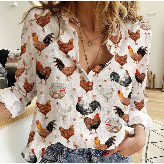 Discover Chicken Breed Linen-Look Shirt, Chicken Blouse Women Shirt, Farm Animal Blouse Shirt, Farm Lover Gift, Farm Girl Shirt, Gift For Her