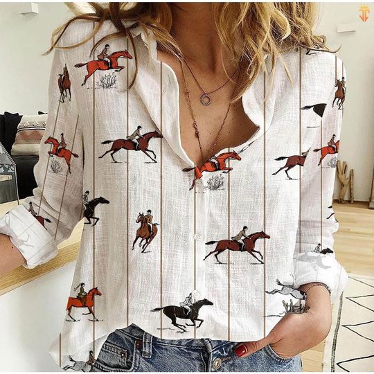 Discover Horse Linen Linen-Look Shirt, Horse Western Shirt Women, Gift For Women, Animal Lover Shirt, Equestrian Shirt, Blouses Tops Women