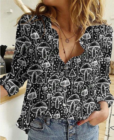 Discover Mushroom Linen-Look Shirt, Botanical Women Blouse Shirt, Plant Lover Gift, Cottagecore Casual Shirt, Garden Lover Gift, Gift For Her