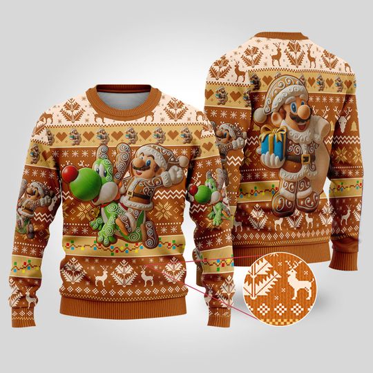 Retro Mario Gingerbread Ugly Christmas, Super Mario Yoshi Bros Gifts Ugly Sweater