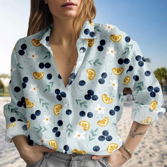 Lemon Blueberry Blouse Shirt, Fresh Fruit Print Summer Shirt, Colorful Casual Women Shirt, Vacation Trip Shirt, Gift For Her