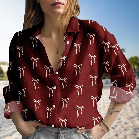 Discover Coquette Bow Blouse Shirt, Coquette Aesthetic Girl Shirt, Ribbon Casual Shirt, Holiday Party Shirt, Gift For Her
