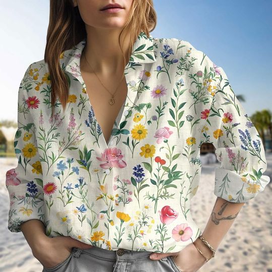 Boho Wildflowers Casual Shirt, Flowers Shirt, Womens Graphic Tee, Floral Shirt, Nature Lover Gift