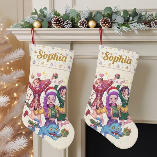 Personalized Huntrix Girls Christmas Stocking, Kpop Fan Christmas Gift, Mira Rumi Joey, Demon Hunter Kids Gift, Custom Stocking With Name