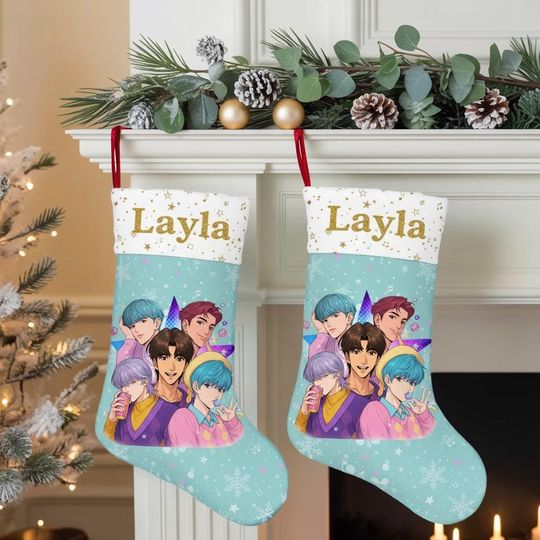 Discover Personalized Saja Boy Demon Hunter Christmas Stocking, Custom Kpop Anime Stocking, Custom Name Holiday Gift, Demon Hunter Fan Xmas Gift