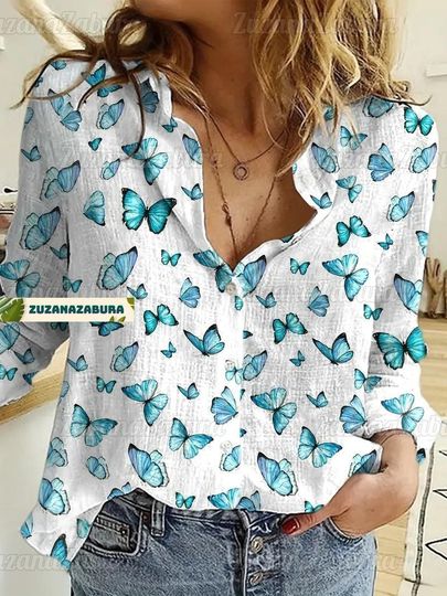 Discover Butterfly Linen-Look Shirt, Butterfly Shirt, Gift For Her, Botanical Shirt, Butterfly Gift, Butterfly Blouse Women Shirt, Long Sleeve Shirt