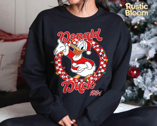 Discover Retro Checkered Donald Christmas Sweatshirt, Retro Disney 2025 Xmas Tee, Vintage Disney Holiday Top, 2025 Family Matching Xmas Gift