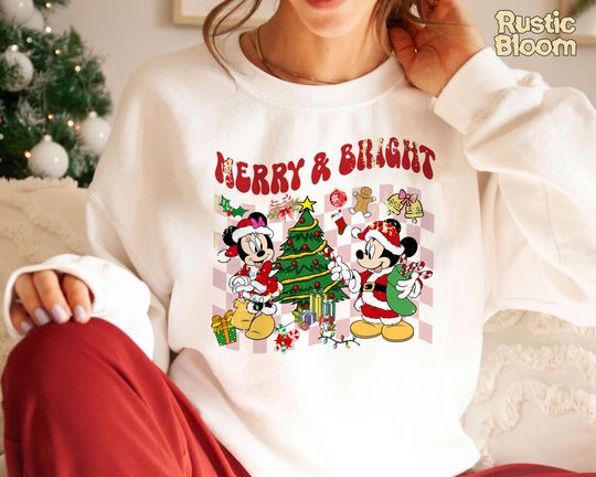 Discover Merry & Bright Mickey and Friends Sweatshirt, Retro Disney 2025 Xmas Tee, Vintage Disney Holiday Top, 2025 Family Matching Xmas Gift