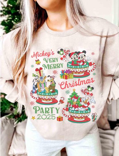 Discover Disney Mickey And Friends Christmas Coffee Sweatshirt, Mickey's Very Merry Christmas Party 2025 Shirt, WDW Disneyland Family Christmas Gifts