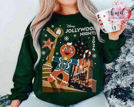 Discover Disney Jollywood Nights 2025 Sweatshirt, Disney Family Very Merry Xmas, Hollywood Studios, Ollie Gingerbread Christmas Shirt, Holiday Gifts