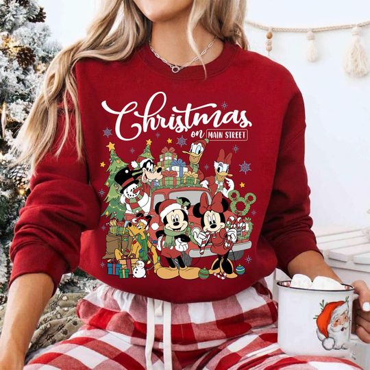 Discover Retro Christmas On Main Street Sweatshirt, Vintage Mickey And Friends Xmas Shirt, Disney Holiday Crewneck Shirt, Family Christmas Party Tee