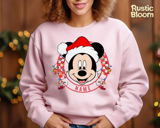 Discover Custom Name Mickey Checkered Merry Christmas Sweatshirt, Retro Disney 2025 Xmas Tee, Vintage Disney Holiday Top, Family Matching Xmas Gift