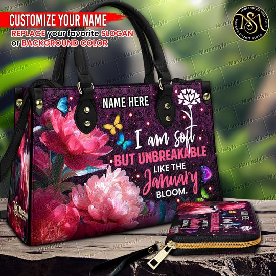 Discover Marchstyle - Personalized Leather Handbag or Wallet with Inspirational Quote, Custom Slogan, Background, Name, Purse with Birth Month Flower