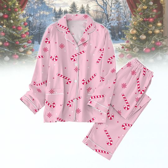 Discover Funny Candy Christmas Pajamas Set, Pink Holiday Sleepwear for Women, Cute Matching Family Xmas PJs Gift, Xmas Christmas Pjs