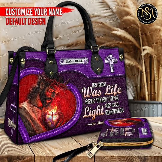 Discover Marchstyle - Personalized Christian Leather Handbag or Wallet With Jesus Portrait And John 1:14 Verse,Custom Name Faith Purse,Religious Gift