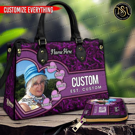 Discover Marchstyle - Personalized Photo Leather Handbag or Wallet With Custom Names And Titles For Mom, Sister, Aunt, Godmother, Grandmother