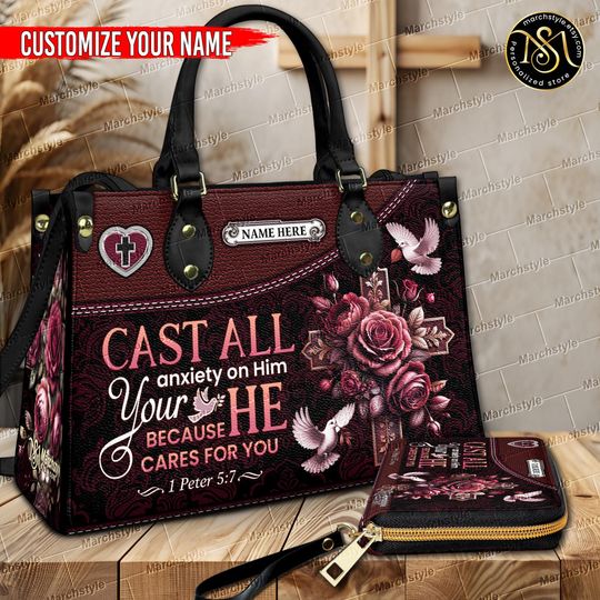 Discover Marchstyle - Personalized Leather Handbag or Wallet With Cast All Your Anxiety On Him Because He Cares For You,Custom Name Bible Verse Purse