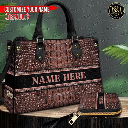 Discover Marchstyle - Personalized Leather Handbag or Wallet with Animal Skin Design, Custom Name Crocodile, Snake, Tiger, Cow, Zebra,Giraffe Pattern