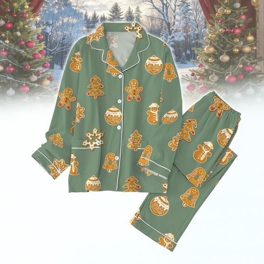 Discover Gingerbread Christmas Pajamas Set, Cute Cookie Holiday PJs, Festive Green Sleepwear