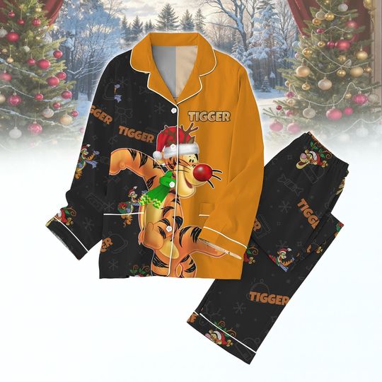 Discover Tigger Christmas Pajamas Set, Funny Disney Xmas PJs, Cute Orange Black Sleepwear