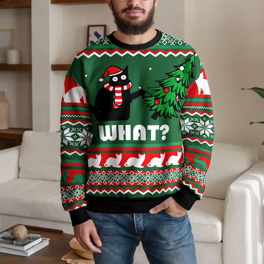 Discover Funny Black Cat Christmas Sweater, Cat Lover Cozy Winter Jumper for Men and Women