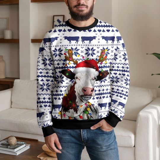 Discover Funny Cow Ugly Christmas Sweater,Santa Hat Reindeer Lights Holiday Gift for Men and Women