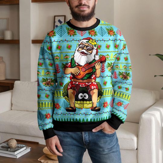 Discover Hawaiian Santa Ugly Christmas Sweater, Tropical Holiday Ukulele Jumper for Men Women
