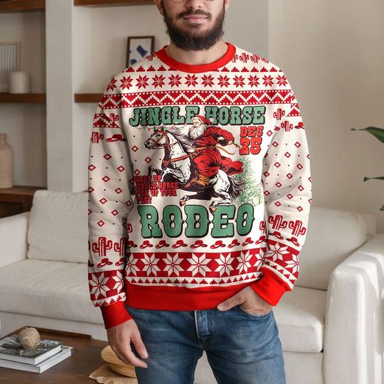 Discover Jingle Horse Rodeo Christmas Ugly Sweater for Men and Women, Cowboy Santa Holiday Sweatshirt