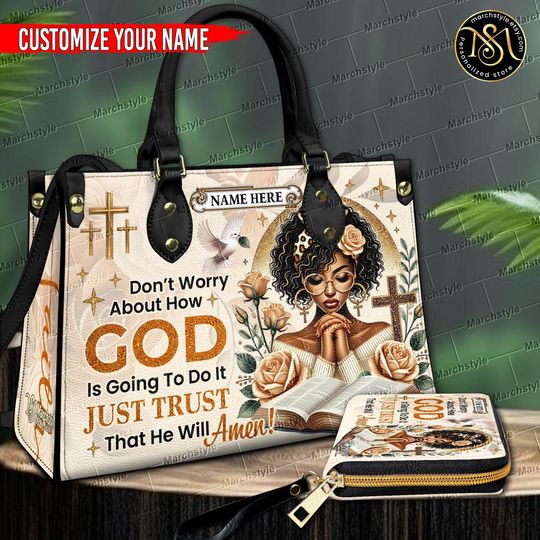 Discover Marchstyle - Personalized Christian Handbag with Scripture Quote Trust God, Black Woman Praying Art, Religious Purse for Women
