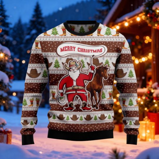 Vintage 90s Cowboy Santa Reindeer Christmas Sweater Women Men Western Ugly Christmas Sweater