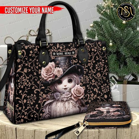 Discover Marchstyle - Personalized Vintage Gothic Leather Handbag with Doll Art, Rose Hat Design, Custom Name Purse, Unique Christmas Gift for Women