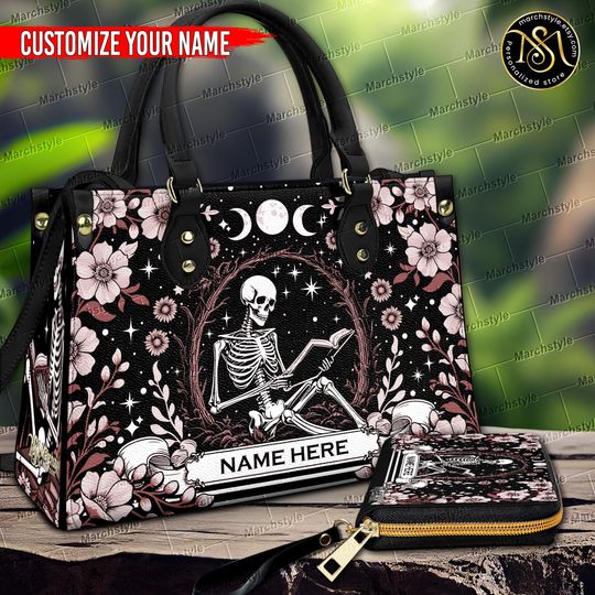 Discover Marchstyle  Personalized Leather Handbag  with Gothic Skeleton Reading, Custom Name Creepy Cute Reader Purse, Bookworm Birthday