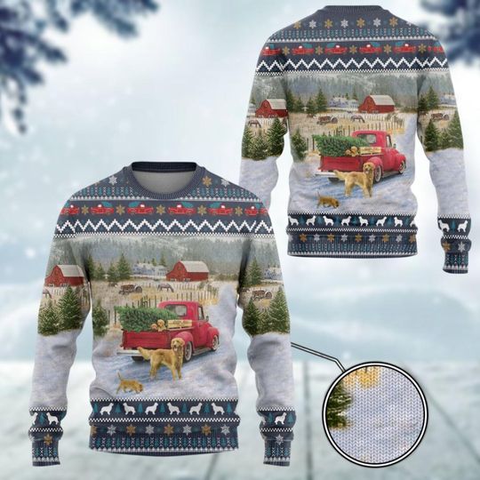 Christmas Golden Retriever Ugly Sweater, Happy New Year Dog Sweater, Red Truck Xmas Sweater, Golden Mom Shirt, Gift For Dog Lover