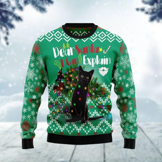 Christmas Black Cat Ugly Sweater, Meowy Xmas Sweater, Christmas Lights Sweater, Pets Holiday Sweater, Funny Christmas