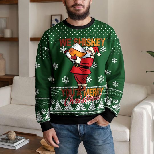 Discover We Whiskey You A Merry Christmas Funny Santa Sweater, Whiskey Lover Christmas Sweatshirt, Alcohol Drinker Ugly Xmas Jumper for Men Women