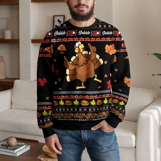 Funny Turkey Thanksgiving Sweater for Men and Women, Fall Leaves Ugly Christmas Sweatshirt, Holiday Turkey Day Outfit