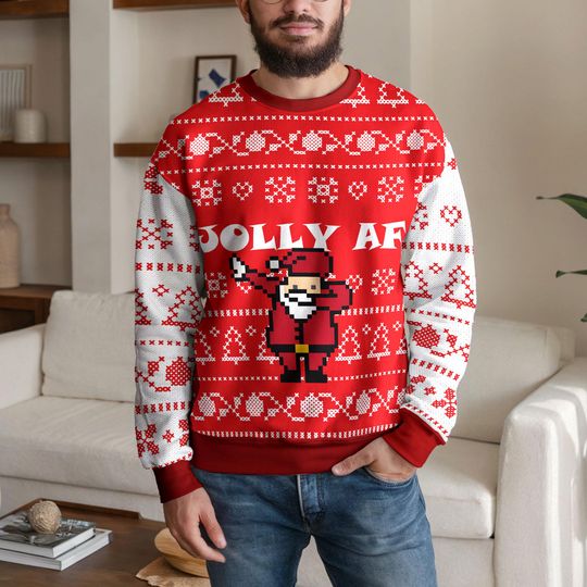 Discover Jolly AF Christmas Ugly Sweater for Men Women, Funny Santa Ugly Xmas Sweatshirt, Retro Pixel Art Holiday Jumper for Party and Gag Gift