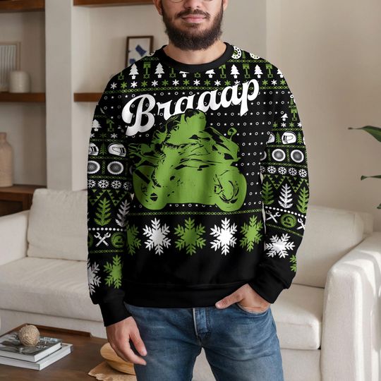 Discover Funny Braaap Motorcycle Christmas Ugly Sweater, Ugly Christmas Biker Sweatshirt, Motocross Dirt Bike Rider Holiday Sweater Gift Idea