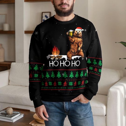 Discover Funny Beer Bear Ho Ho Ho Christmas Ugly Sweater, Camping Bear Drinking Beer Ugly Xmas Sweatshirt, Forest Holiday Gift for Men and Women