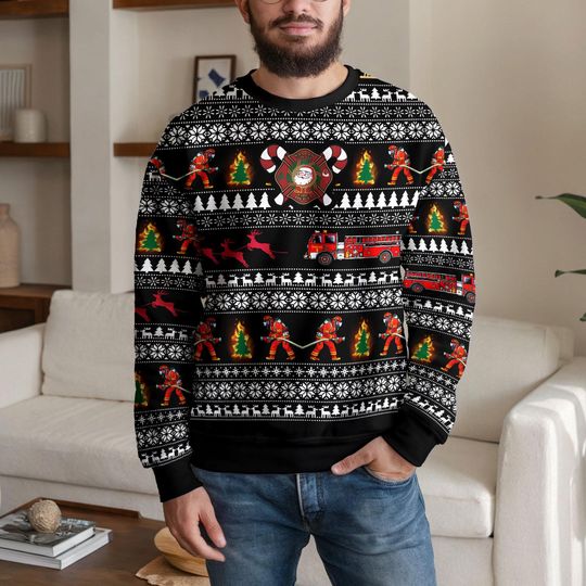 Discover Funny Firefighter Christmas Ugly Sweater, Fire Truck Ugly Xmas Sweatshirt for Firemen, Brave Holiday Gift for Firefighters and Heroes