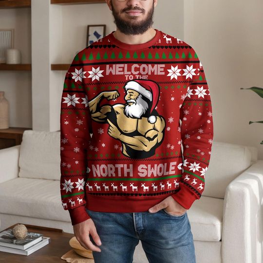 Discover Funny North Swole Christmas Ugly Sweater, Muscular Santa Gym Holiday Sweatshirt, Fitness Xmas Jumper Gift for Men Who Love to Lift