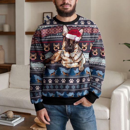 Discover German Shepherd Christmas Ugly Sweater, Funny Dog Holiday Sweatshirt with Santa Hat and Candy Cane, Cozy Pet Lover Xmas Jumper Gift