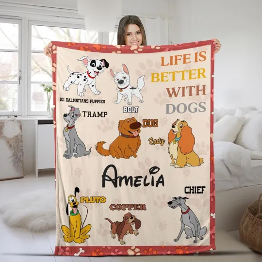 Discover Personalized Disney Dogs Blanket, Custom Name Dog Lovers Baby Girl Blanket, Life