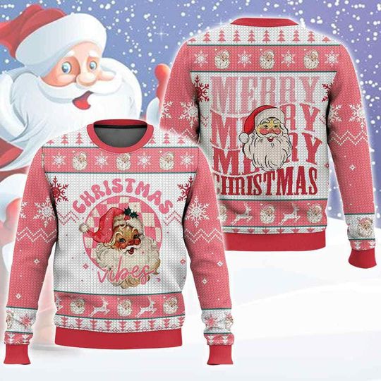 Discover Pink Santa Claus Ugly Sweater, Merry Christmas Holiday Sweater, Winter Holiday Sweater, Vintage Santa Christmas Sweatshirt