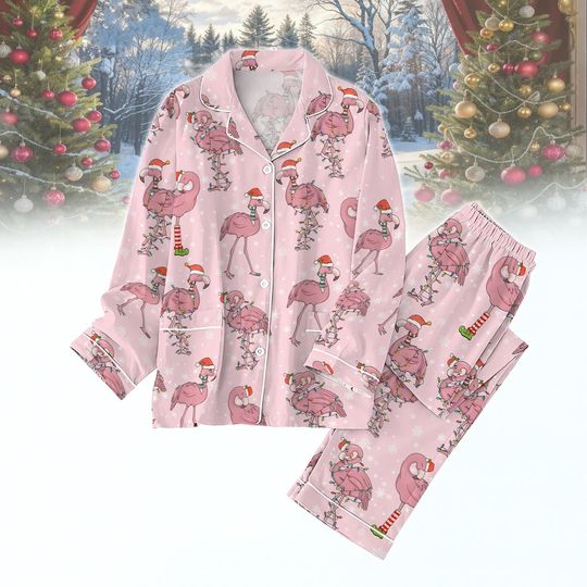 Pink Flamingo Xmas Pajamas Set, Santa Flamingo Holiday Pjs, Womens Pajamas